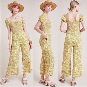 Faithfull The Brand Della Jumpsuit yellow floral cap sleeve 4 smocking small